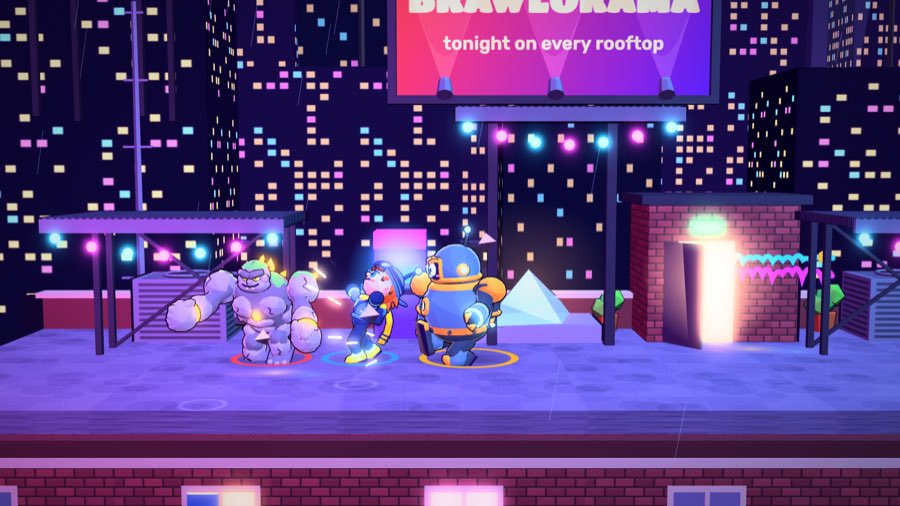 Neon Rooftop, a Brawlorama stage set on a city rooftop in the rain.