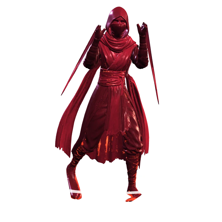 Nyx in Bloodmoon: deep crimson cloth with seams that glow like embers.