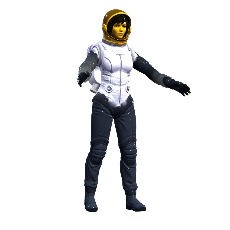 Juno in Chrome Pilot: a polished chrome suit with a gold visor.