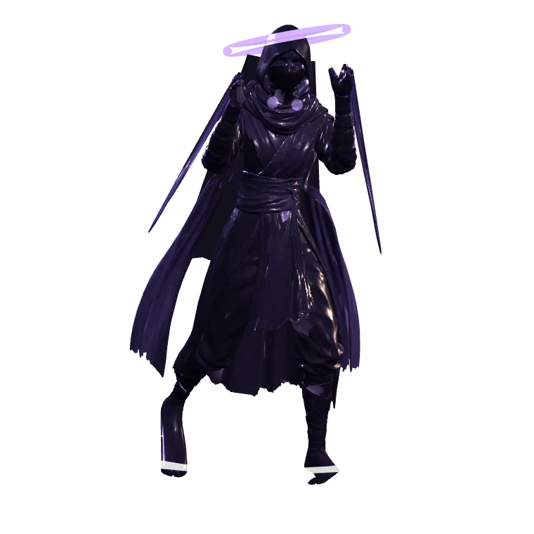 Nyx in Eventide: a long cape that sheds smoke, an eclipse halo and glowing eyes.