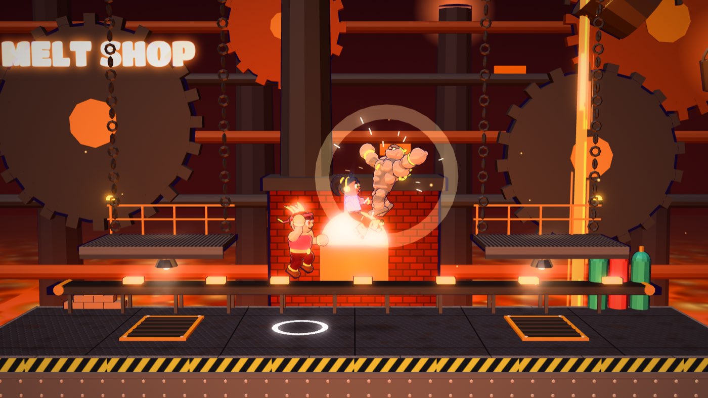 A riveted steel bridge over molten metal, with catwalks, steam vents and a glowing furnace.