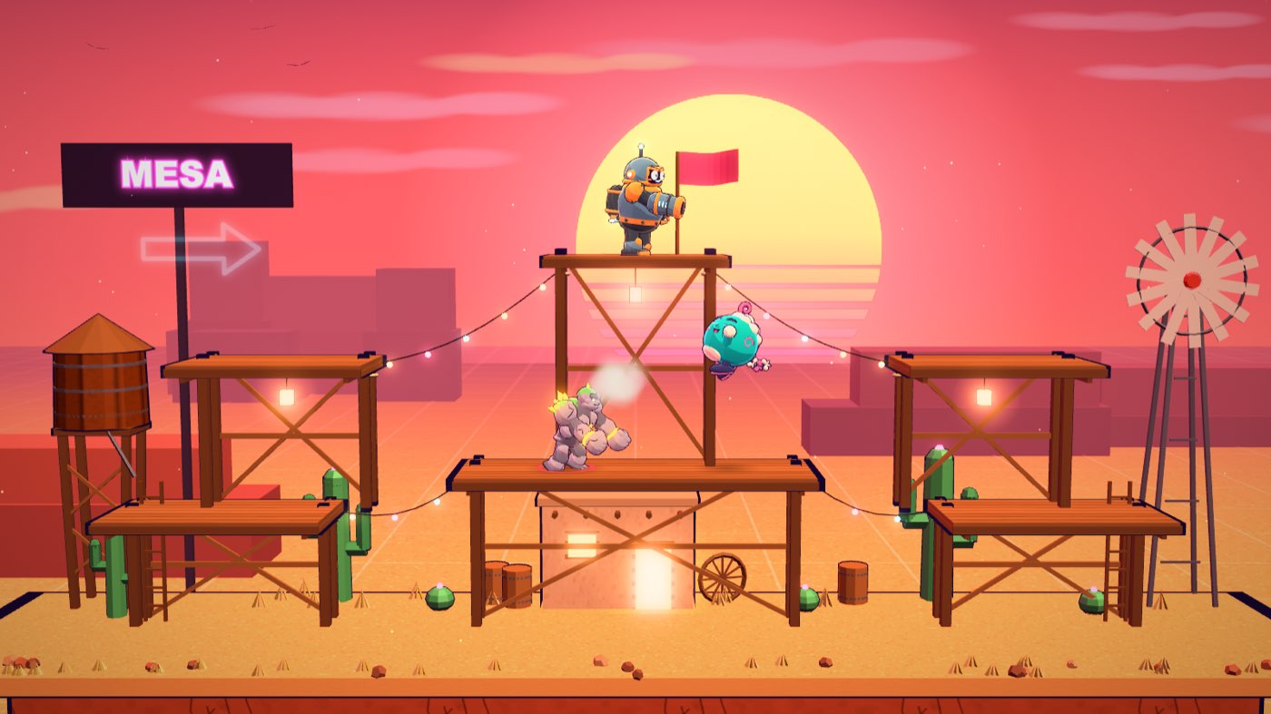 A sandstone mesa at sunset, with wooden scaffolds, lanterns and cactus.