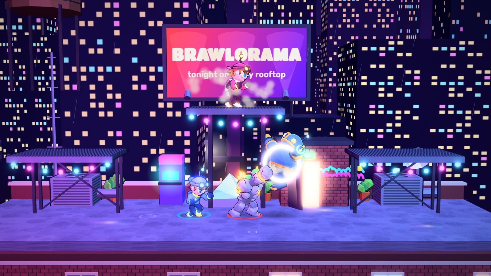 Brawlorama gameplay on the Neon Rooftop stage.