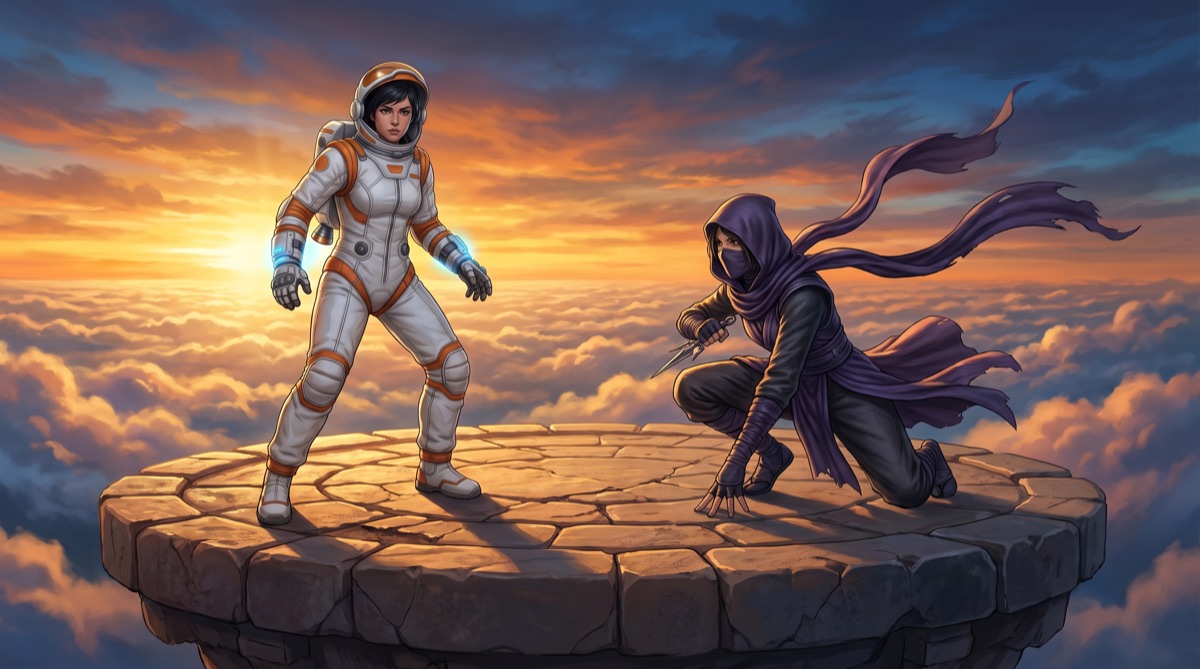 Brawlorama key art: two fighters facing off above the clouds.